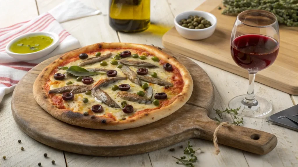 Rustic Italian pizza topped with anchovies, olives, and capers, served on a wooden cutting board with a glass of red wine.Difference Between Boquerones and Anchovies