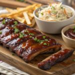 Perfectly smoked BBQ ribs glazed with sauce on a wooden cutting board, garnished with herbs and served with a side of dipping sauce.