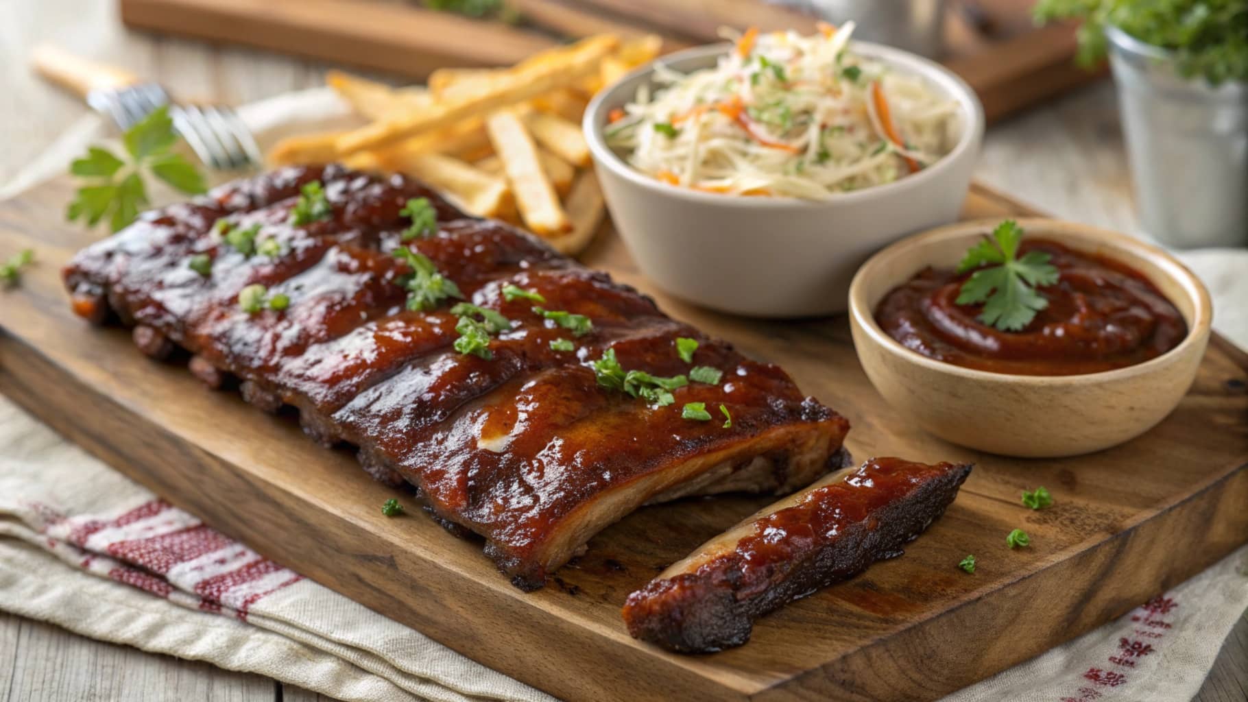 Perfectly smoked BBQ ribs glazed with sauce on a wooden cutting board, garnished with herbs and served with a side of dipping sauce.