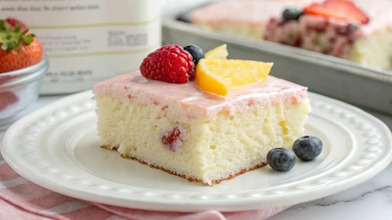 Freshly baked kefir sheet cake topped with berries and powdered sugar, showcasing a light and fluffy texture.