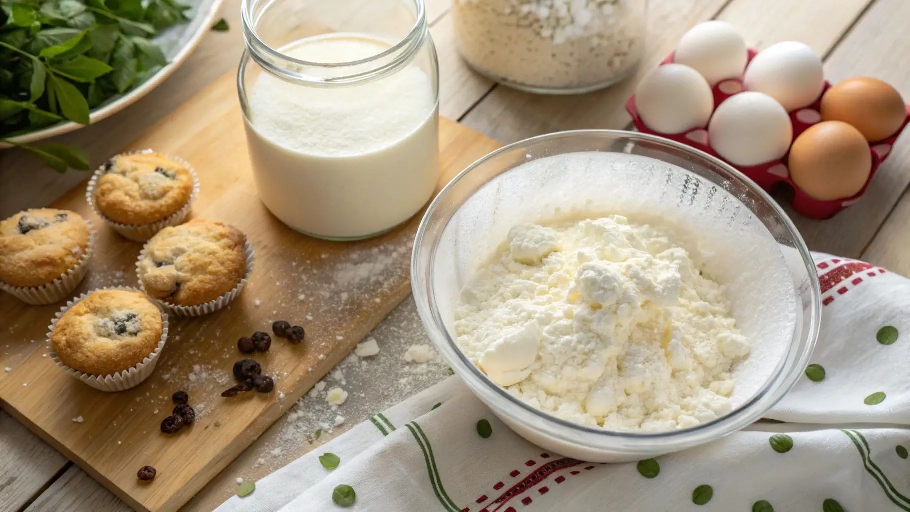 Bowl of kefir with freshly baked muffins on a wooden kitchen countertop, showcasing kefir’s role in baking.