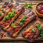 Delicious grilled party ribs glazed with BBQ sauce and fresh herbs, ready to serve at a BBQ party.