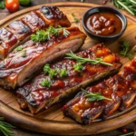 Grilled baby back ribs with BBQ sauce and fresh herbs served on a wooden board.