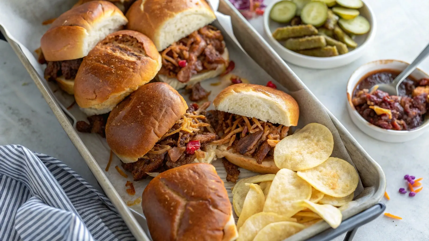 BBQ sandwiches with various bread types including brioche, Kaiser rolls, and sourdough, topped with pulled pork, slaw, and BBQ sauce.