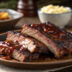 Party ribs glazed with BBQ sauce on a rustic wooden platter, served with coleslaw and fresh herbs