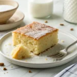 Slice of moist cake made with kefir instead of buttermilk, placed on a white ceramic plate with a fork beside it