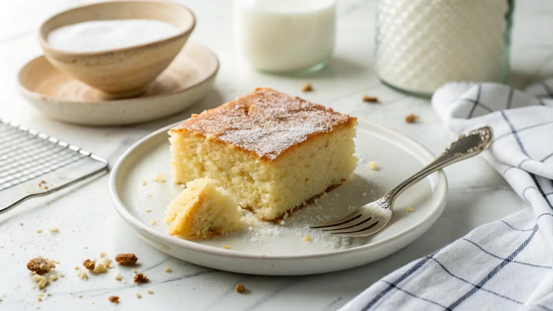 Slice of moist cake made with kefir instead of buttermilk, placed on a white ceramic plate with a fork beside it