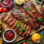 A platter of party ribs and regular ribs, grilled and served with dipping sauces and garnished with herbs, set on a wooden board.