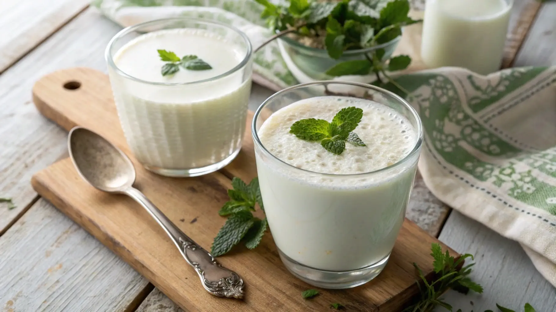 Fresh glasses of kefir and buttermilk side by side on a wooden table, showing the creamy textures of these healthy drinks.