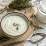 Bowl of creamy kefir and sour cream with fresh ingredients for baking substitution.