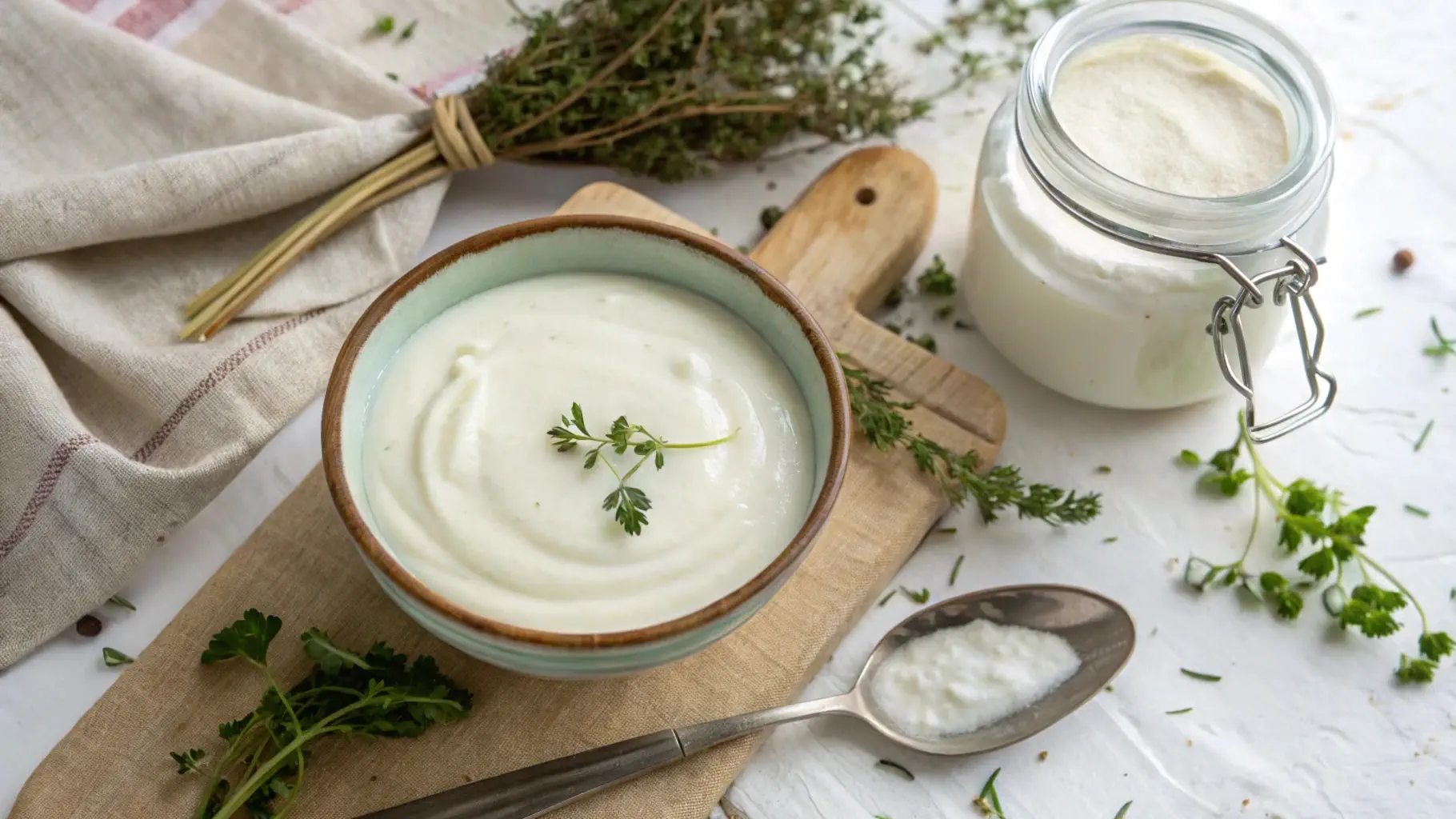 Bowl of creamy kefir and sour cream with fresh ingredients for baking substitution.