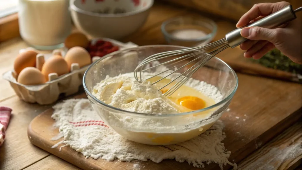 Whisking kefir, eggs, and flour together to prepare kefir sheet cake batter.