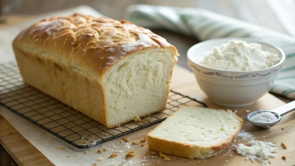 Freshly baked loaf of bread with a soft, fluffy texture, illustrating kefir’s role in leavening.

