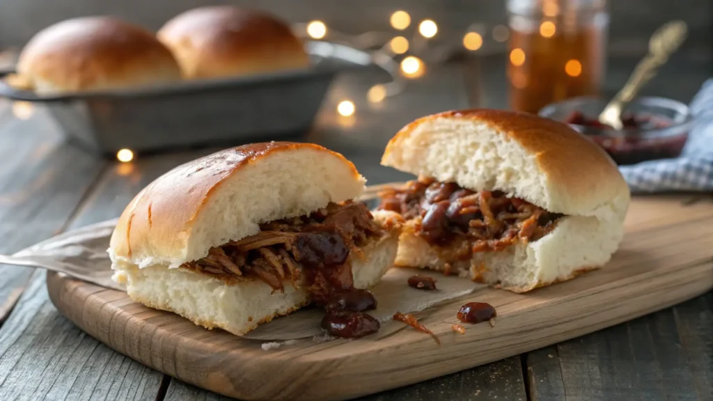 Close-up of a freshly cut brioche bun, showcasing its soft texture, ready for a BBQ sandwich.