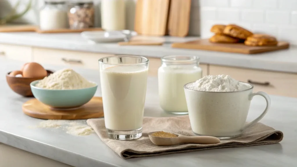 Side-by-side comparison of kefir and buttermilk in glass and cup, with baking ingredients nearby.