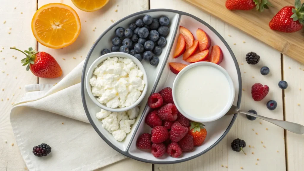 A chef’s hands pouring kefir and buttermilk into separate bowls, surrounded by fresh ingredients, showcasing their use in cooking and baking.