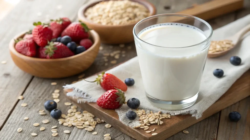 A glass of kefir surrounded by fresh fruit and kefir grains, showcasing its probiotic benefits.