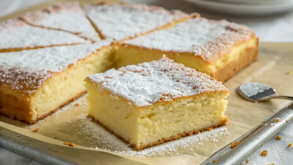 Gluten-free kefir sheet cake slice garnished with fresh fruit, showcasing its light texture.