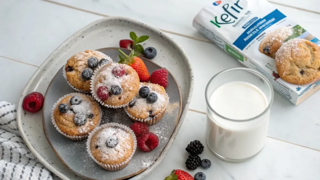 Muffins made with kefir, topped with fresh berries and powdered sugar, served with a glass of kefir.
