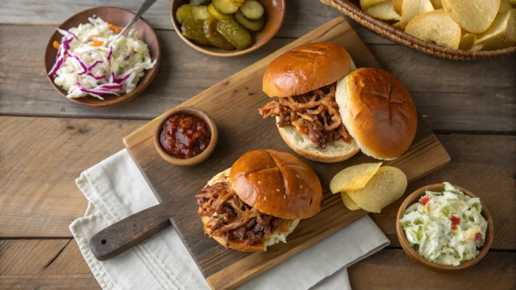 An assortment of BBQ sandwiches on pretzel, cornbread, and potato buns, filled with BBQ chicken and pulled pork, served with sides like coleslaw and pickles.