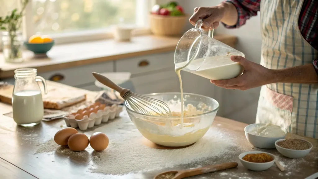 Baker pouring kefir into cake batter in a large mixing bowl, with ingredients placed nearby.