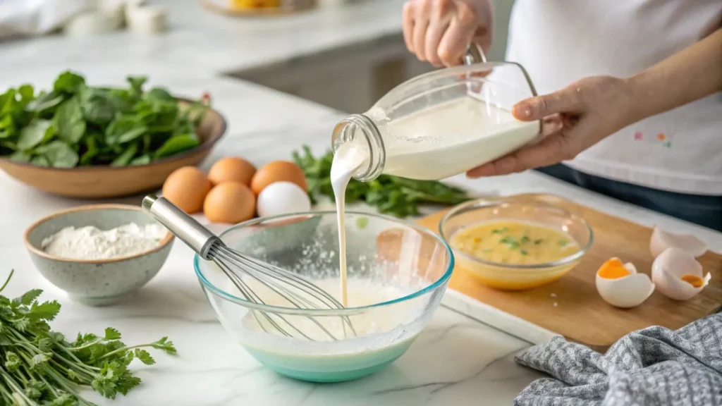 A chef’s hands pouring kefir and buttermilk into separate bowls, surrounded by fresh ingredients, showcasing their use in cooking and baking.