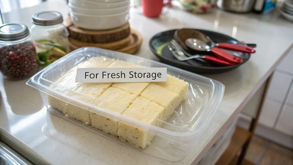 Covered container with slices of kefir sheet cake, wrapped in plastic, labeled for fresh storage.