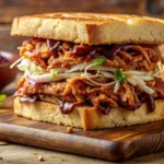 Delicious cornbread BBQ sandwich with pulled pork, fresh coleslaw, and BBQ sauce, sliced in half to show the juicy interior.