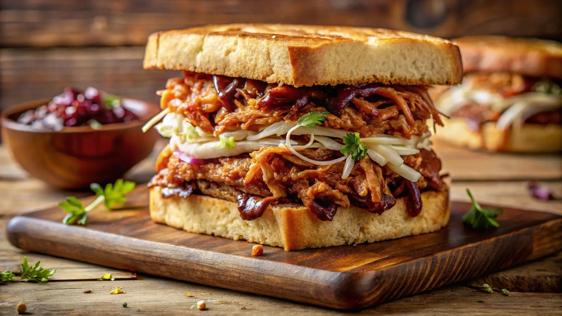 Delicious cornbread BBQ sandwich with pulled pork, fresh coleslaw, and BBQ sauce, sliced in half to show the juicy interior.