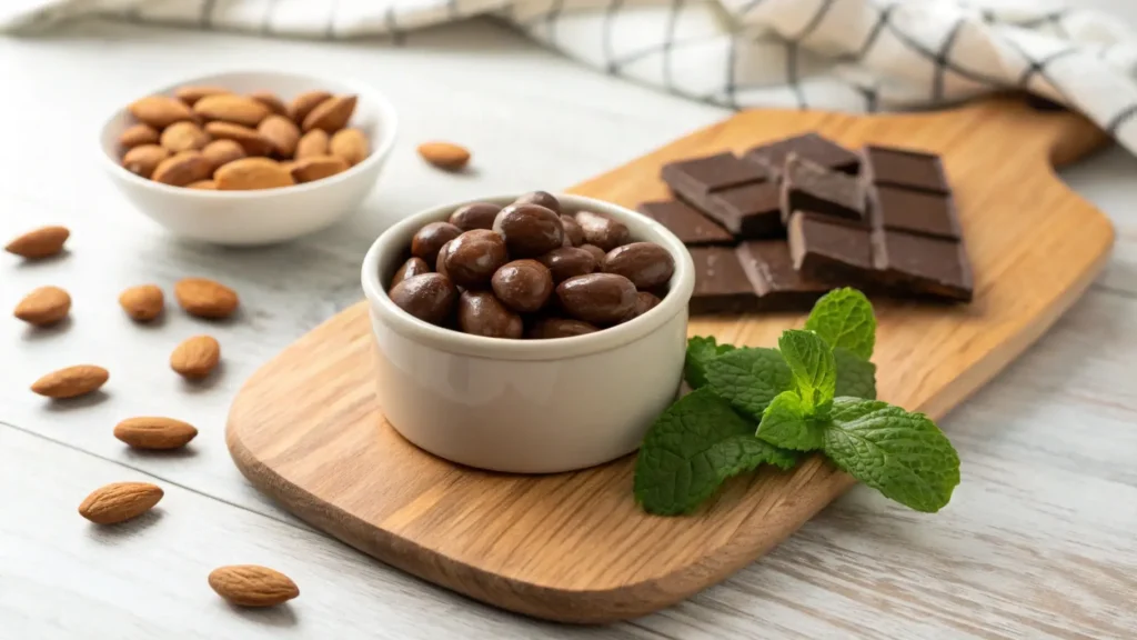 Chocolate-covered almonds in a bowl with fresh almonds, dark chocolate, and mint leaves