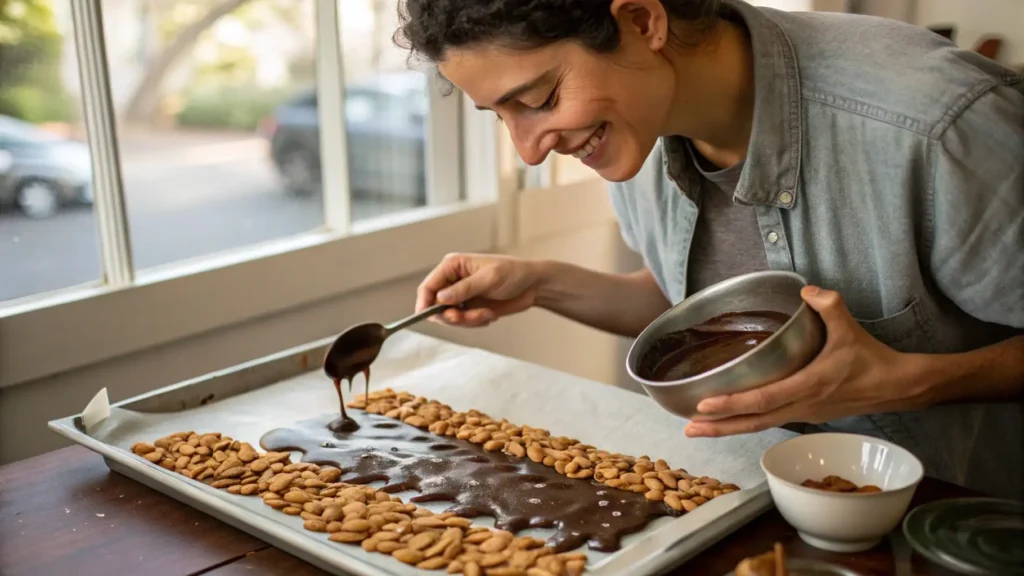 Drizzling melted dark chocolate over roasted almonds on a tray.