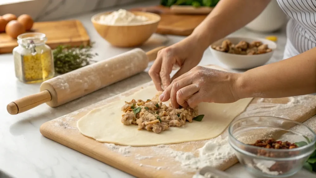 Hands placing chicken filling on pastry dough with a rolling pin and ingredients scattered on a flour-dusted kitchen counter