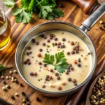 Close-up of Gordon Ramsay’s creamy peppercorn sauce in a saucepan with fresh garnishes, perfect for steak