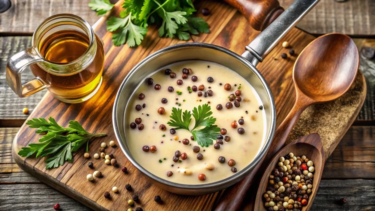 Close-up of Gordon Ramsay’s creamy peppercorn sauce in a saucepan with fresh garnishes, perfect for steak