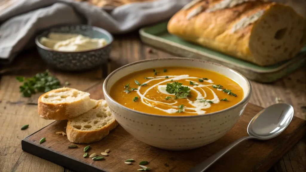 Delicious butternut squash soup with cream drizzle and fresh herbs in a cozy bowl.