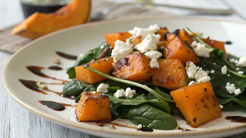 Roasted butternut squash with sautéed spinach and crumbled feta cheese on a white plate