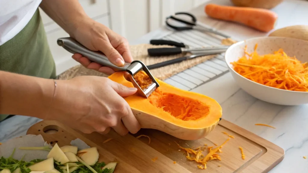 Peeling a butternut squash with a Y-shaped vegetable peeler, revealing the orange flesh.