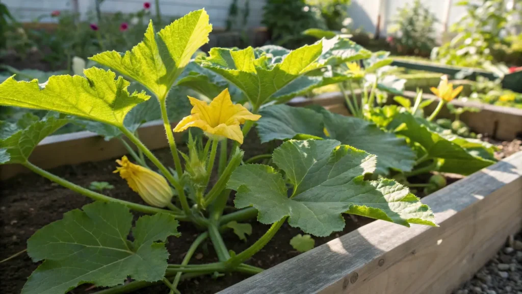  Coquina squash plants growing in a garden bed with vibrant green leaves and yellow blossoms.