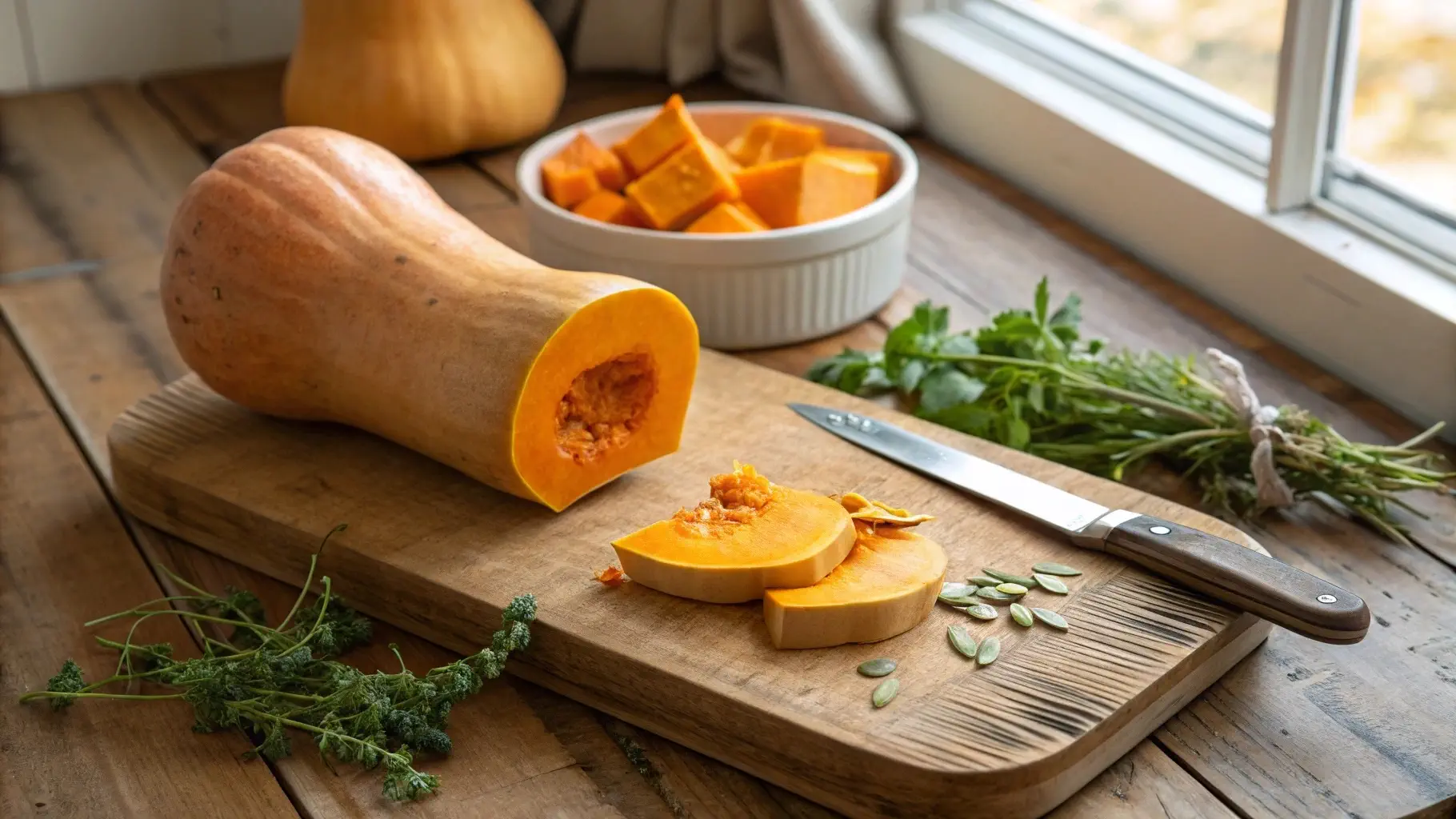 Enjoy the vibrant look of a fresh butternut squash, perfect for any autumn recipe. Highlighting its rich orange color and texture.