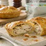 Golden, flaky chicken pastry with creamy filling, freshly baked and cut open, served on a rustic wooden table.