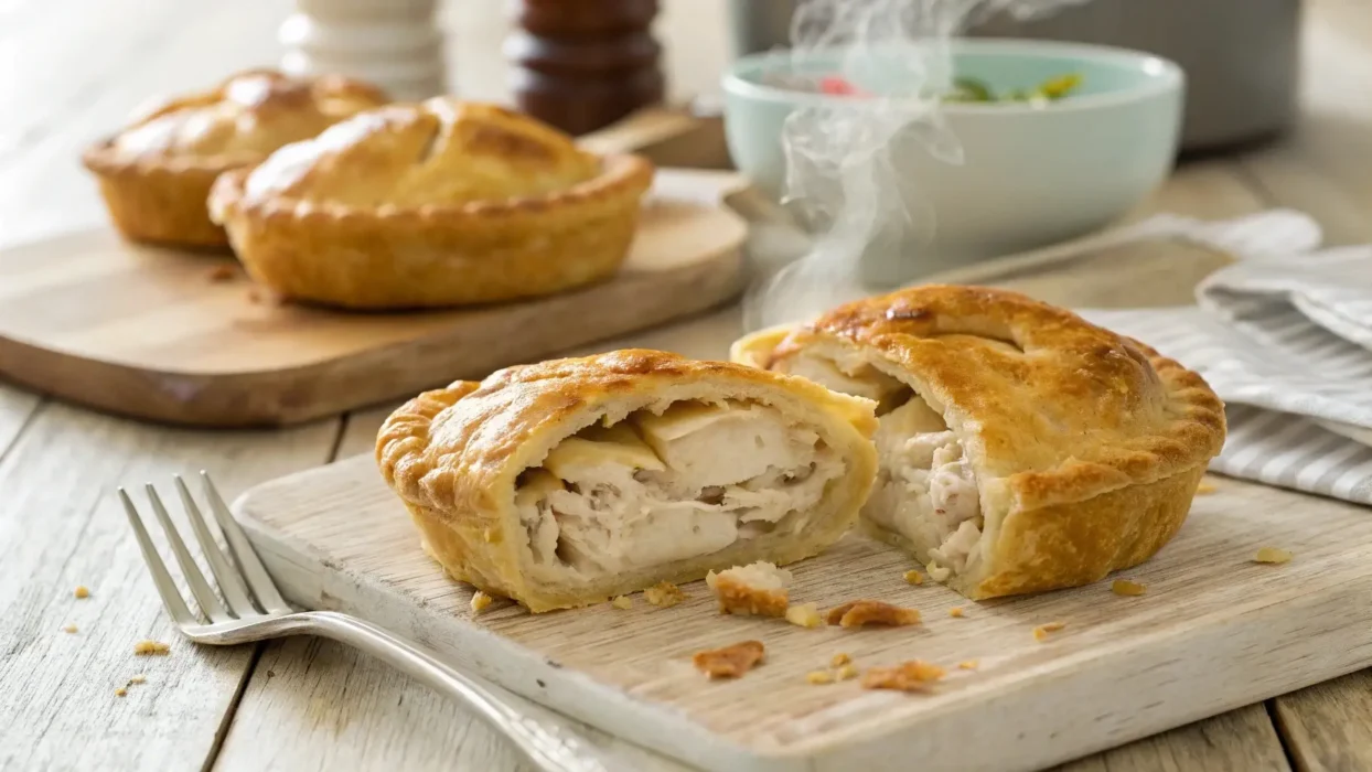 Golden, flaky chicken pastry with creamy filling, freshly baked and cut open, served on a rustic wooden table.