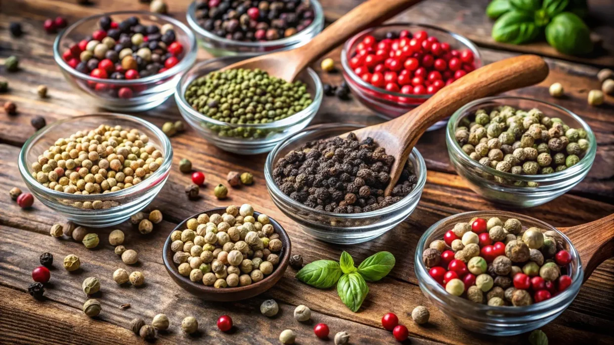 Close-up of various peppercorns in bowls showcasing their vibrant colors and textures.