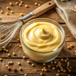 Close-up of homemade mayonnaise with mustard being stirred in, showcasing creamy texture and golden mustard.