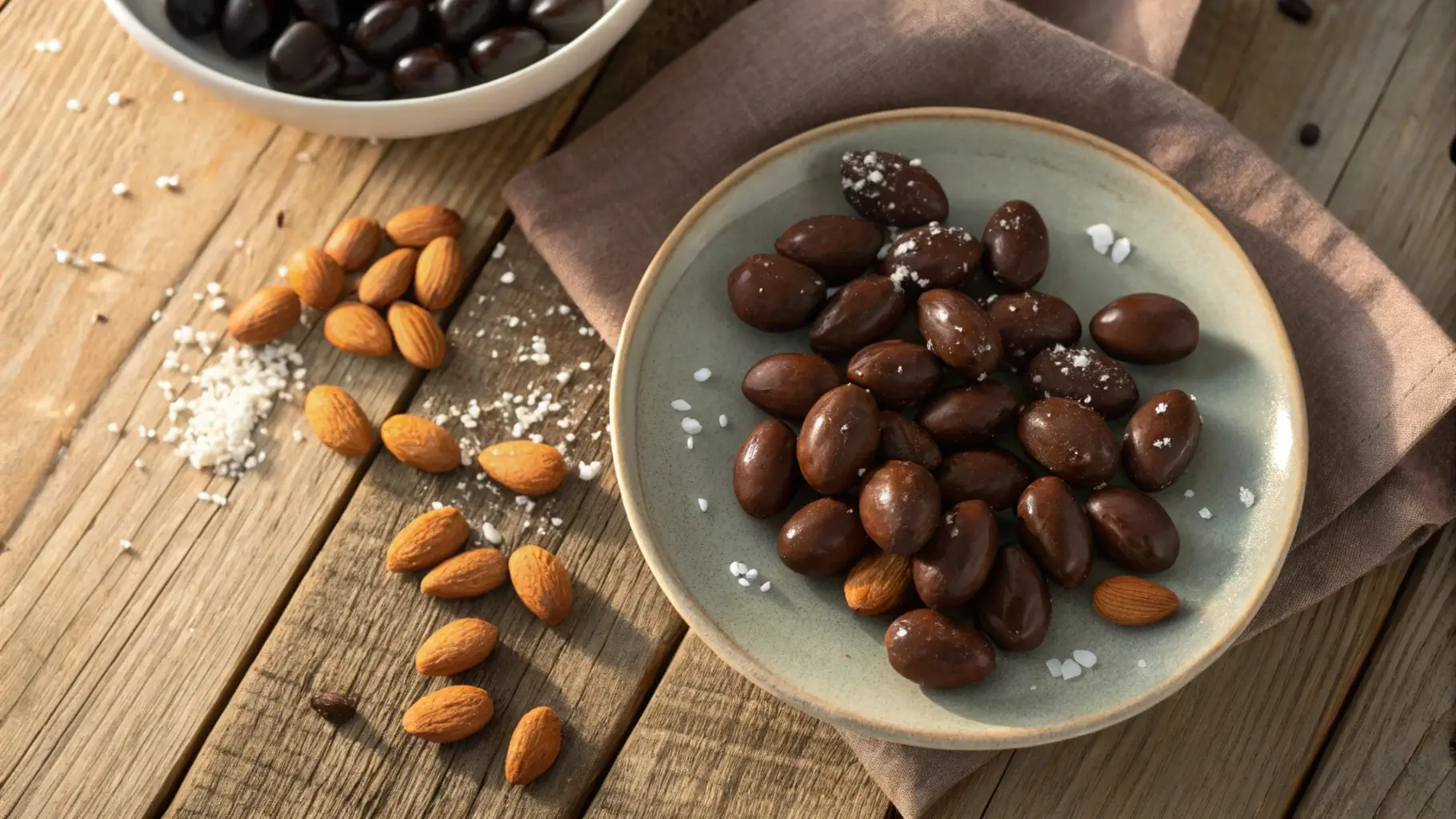 Plate of chocolate-covered almonds scattered on a rustic wooden table with soft natural lighting.