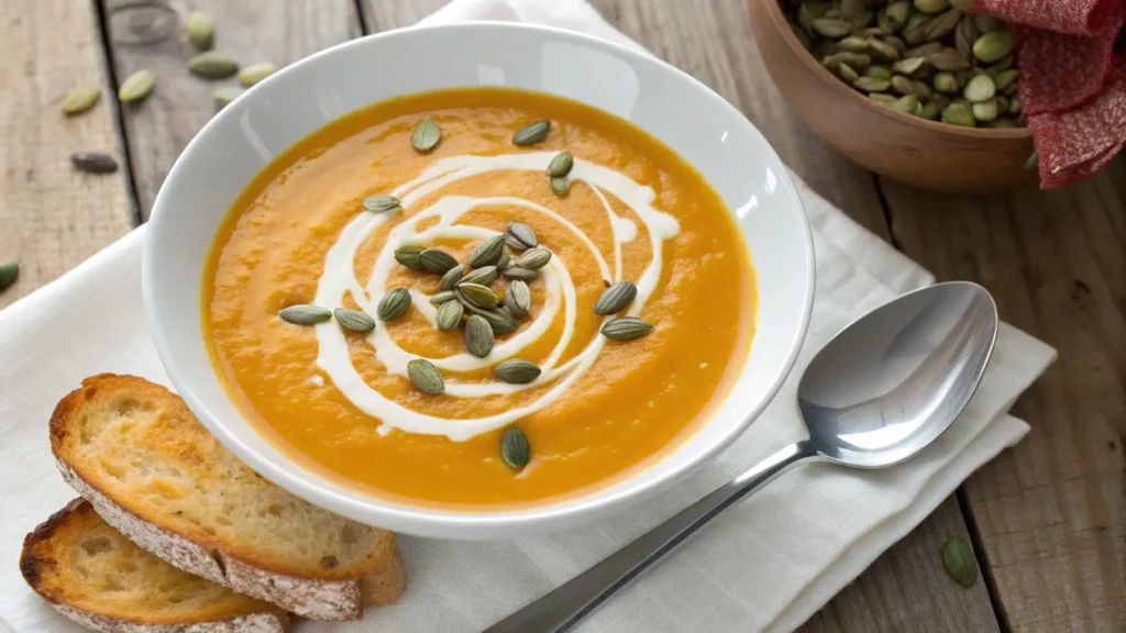 Creamy butternut squash soup garnished with roasted pumpkin seeds and cream swirl