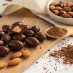 Close-up of chocolate-covered almonds with a rustic setting, showcasing the rich texture of the chocolate coating and the nut inside.