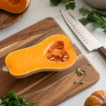 Whole butternut squash with knife on cutting board, ready to peel.