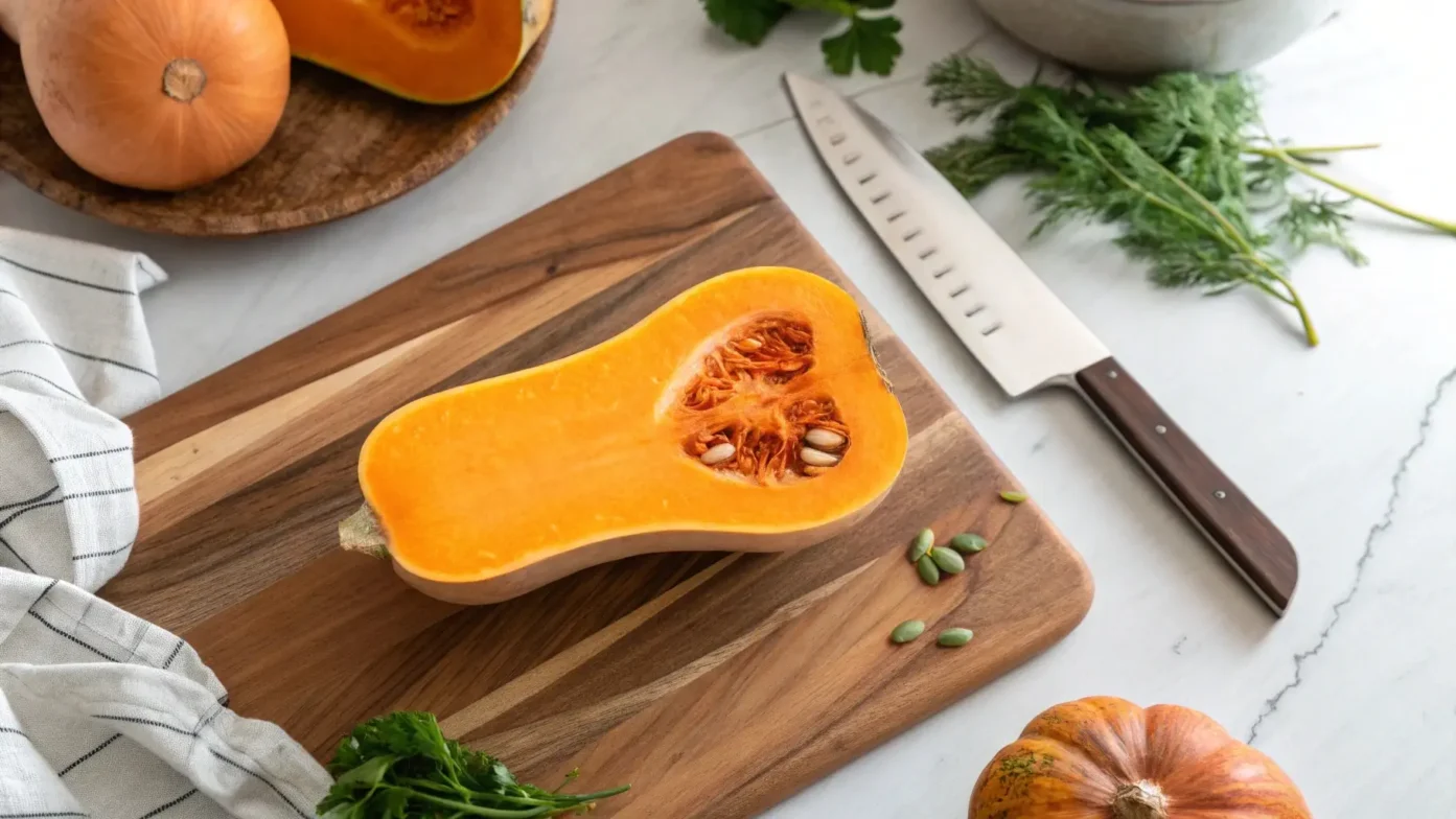 Whole butternut squash with knife on cutting board, ready to peel.