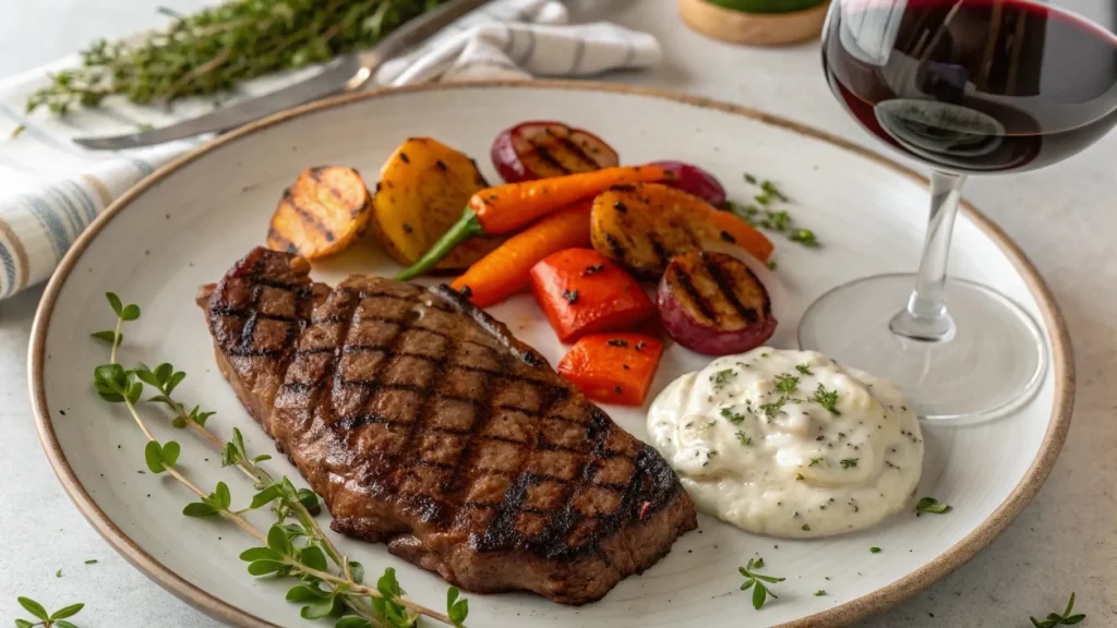 Grilled steak served with a side of peppercorn mayonnaise, roasted vegetables, and a glass of red wine, showcasing a gourmet meal pairing.