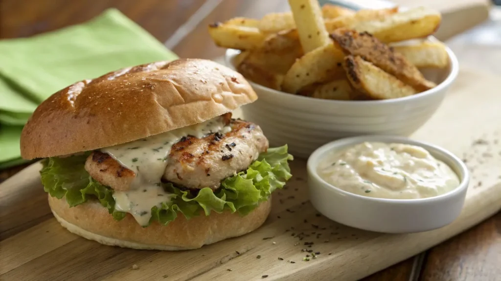 Peppercorn mayonnaise spread on a sandwich with chicken and lettuce, served with crispy fries and a dipping bowl of mayo on a wooden table.